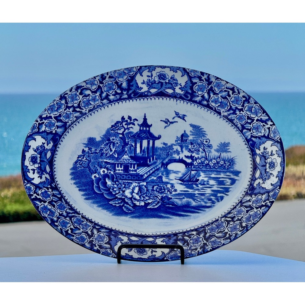 Old Willow Blue Willow Oval Serving Platter Blue White Chinoiserie England 12in